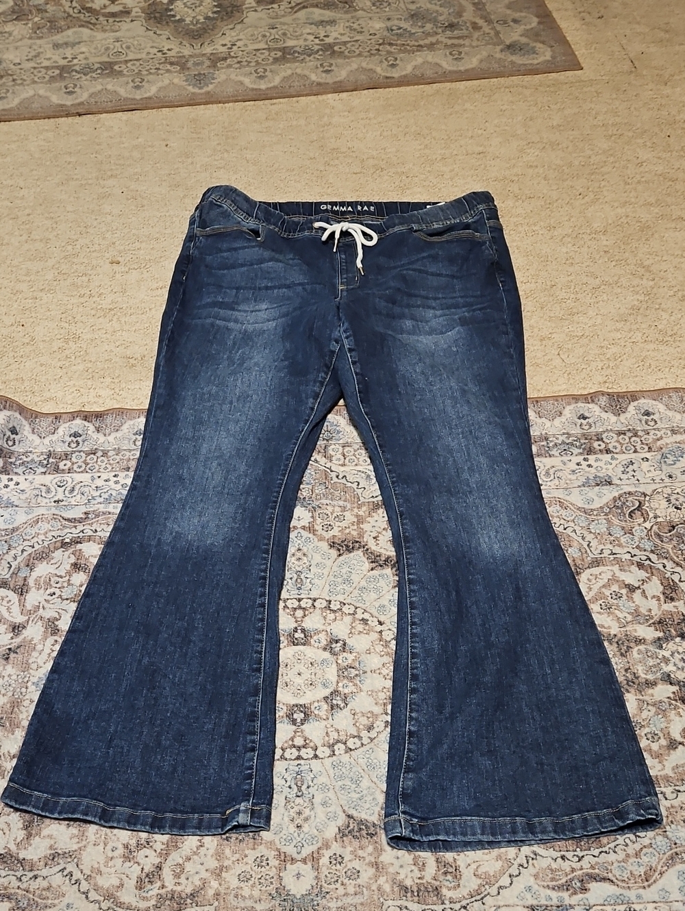 Dark Blue Flared Jeans with Drawstring Waist by Gemma Rae